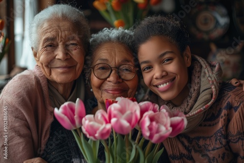 Three generations of women smiling and holding flowers indoors. Family portrait for Mother's Day celebration