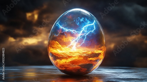 A glowing egg with a fiery landscape and lightning inside against a stormy sky.