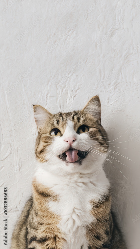 Striped Cat Looking at Camera, Mouth Open as if Meowing or Purring Striped Cat Looking at Camera, Mouth Open as if Meowing or Purring