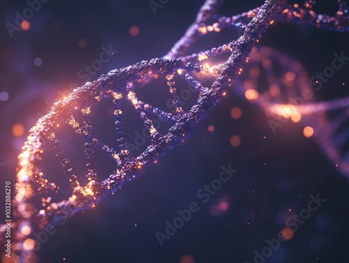 3D DNA molecule with glowing strands for medical and genetics concept