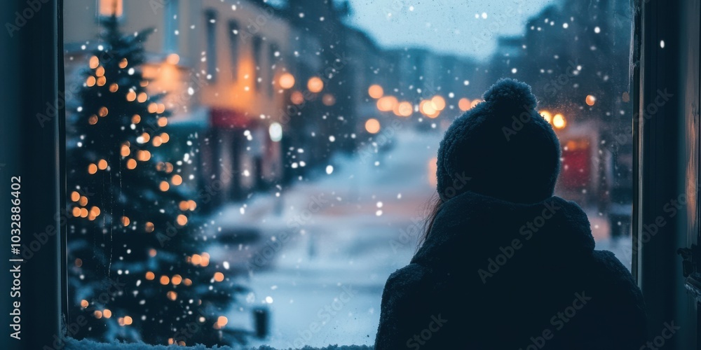Alone figure looking out of a frosty window at snow-covered streets, with Christmas lights Alone figure looking out of a frosty window at snow-covered streets, with Christmas lights