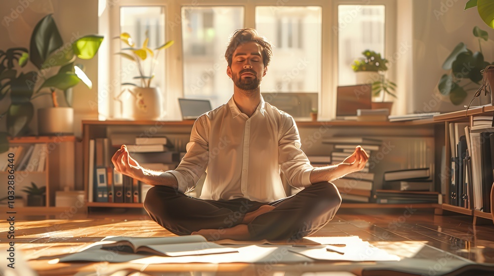 office employee doing yoga in a work place office employee doing yoga in a work place
