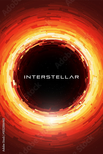 Abstract digital black hole surrounded by glowing concentric pixelated dynamic layers of light and energy forming accretion disk. Photon ring. Event horizon. Gravitational field. Vector illustration