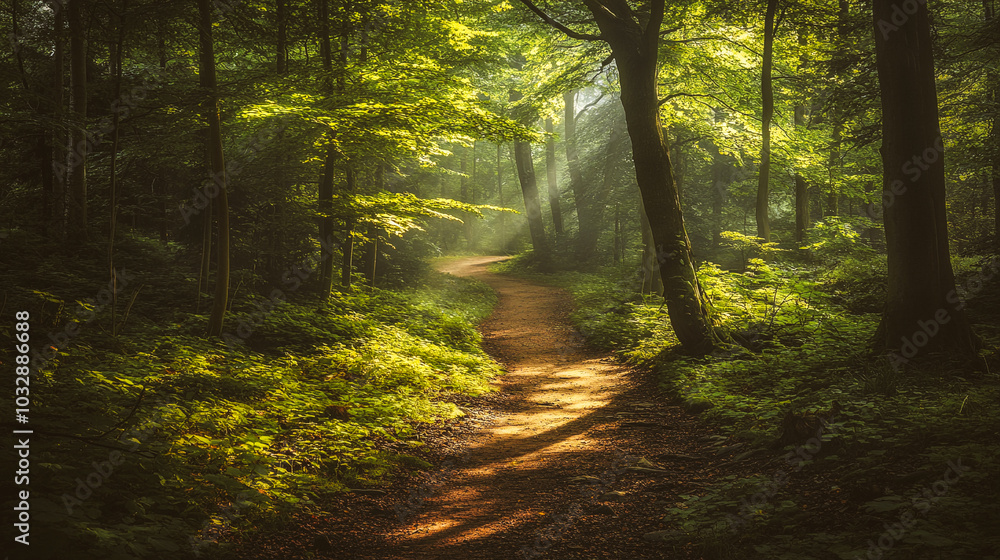 Fototapeta premium Peaceful path in a park, the trees with green foliage. Summer forest flooded with sunlight. Warm rays of light break through the tree crowns, foliage.