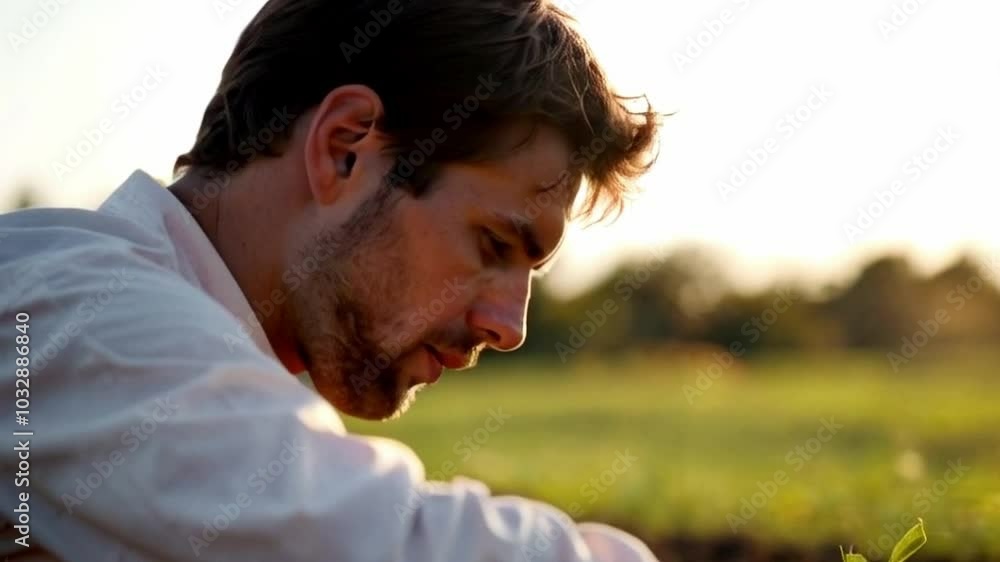 A young, smart farmer tousled brown hair intensely examines the soil, He holds a small seedling in one hand and a soil testing kit in the other A young, smart farmer tousled brown hair intensely examines the soil, He holds a small seedling in one hand and a soil testing kit in the other