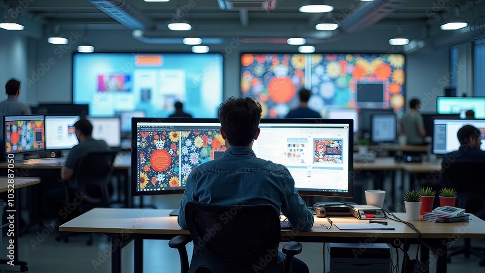 Generative, AI, Office worker at a computer in a modern open space office with multiple screens and colleagues.
Generative, AI, Office worker at a computer in a modern open space office with multiple screens and colleagues.