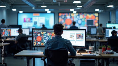 Generative, AI, Office worker at a computer in a modern open space office with multiple screens and colleagues.

