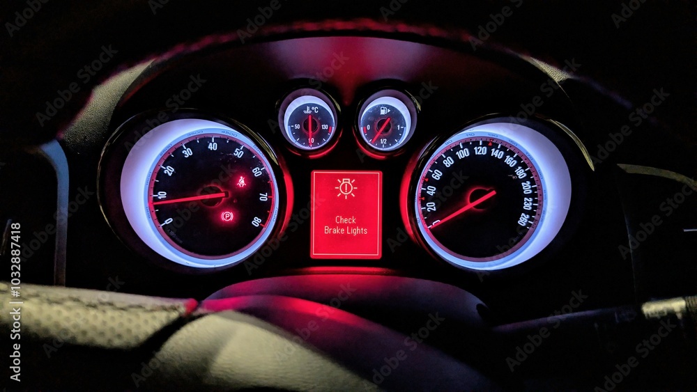 Check brake lights warning on car dashboard, transport interior, car display behind steering wheel