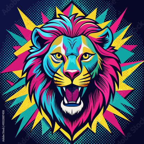 Stylized colorful lion head illustration with vibrant effects on a dark background