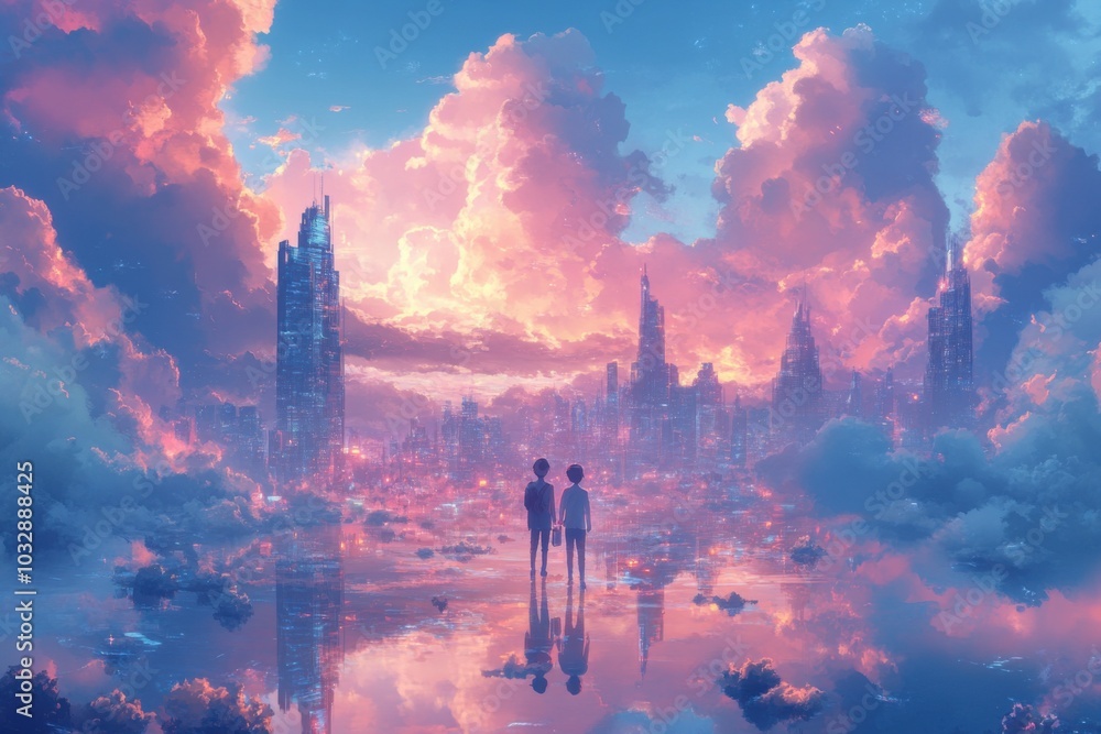 Anime scenery of two people standing on a beach looking at a city Anime scenery of two people standing on a beach looking at a city
