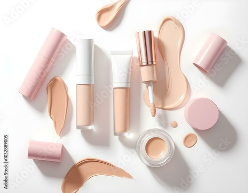 Elegant Minimalist Display of Unique Concealer Tubes and Pots with Pastel and Metallic Finishes on White Background