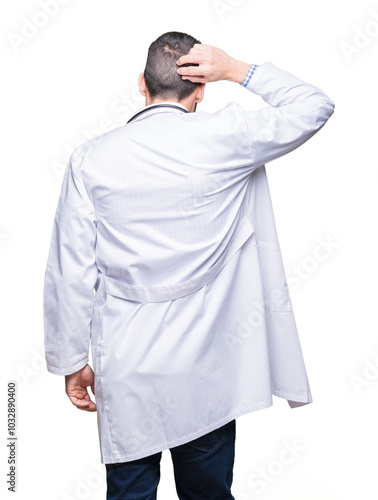 Handsome young doctor man over isolated background Backwards thinking about doubt with hand on head