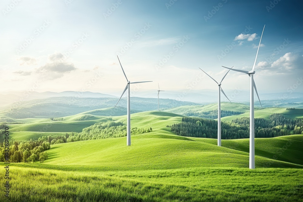 Wind turbines on green field with blue sky and hills, sustainable energy concept Wind turbines on green field with blue sky and hills, sustainable energy concept