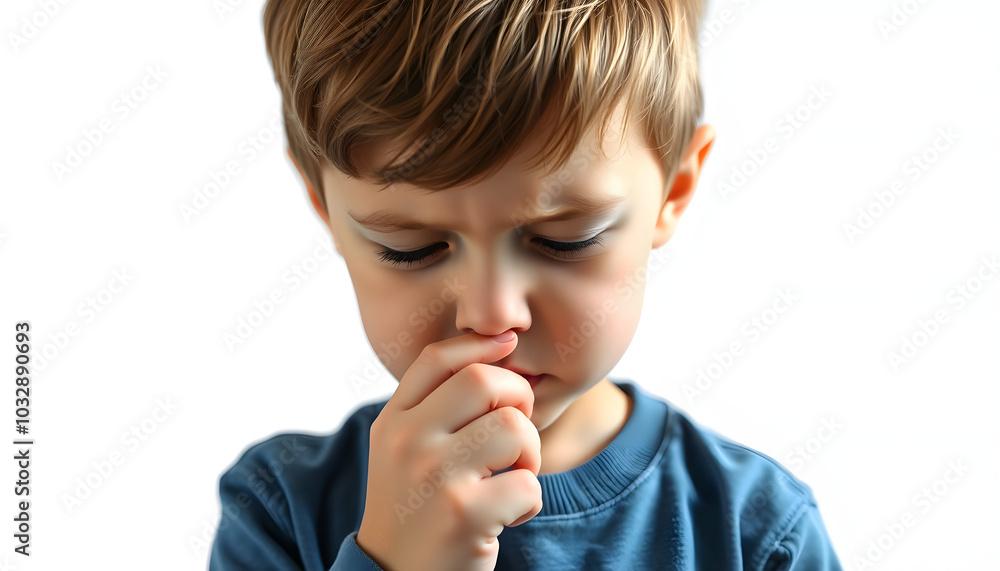 Caucasian boy child picking his nose, bad habits isolated with white highlights, png Caucasian boy child picking his nose, bad habits isolated with white highlights, png