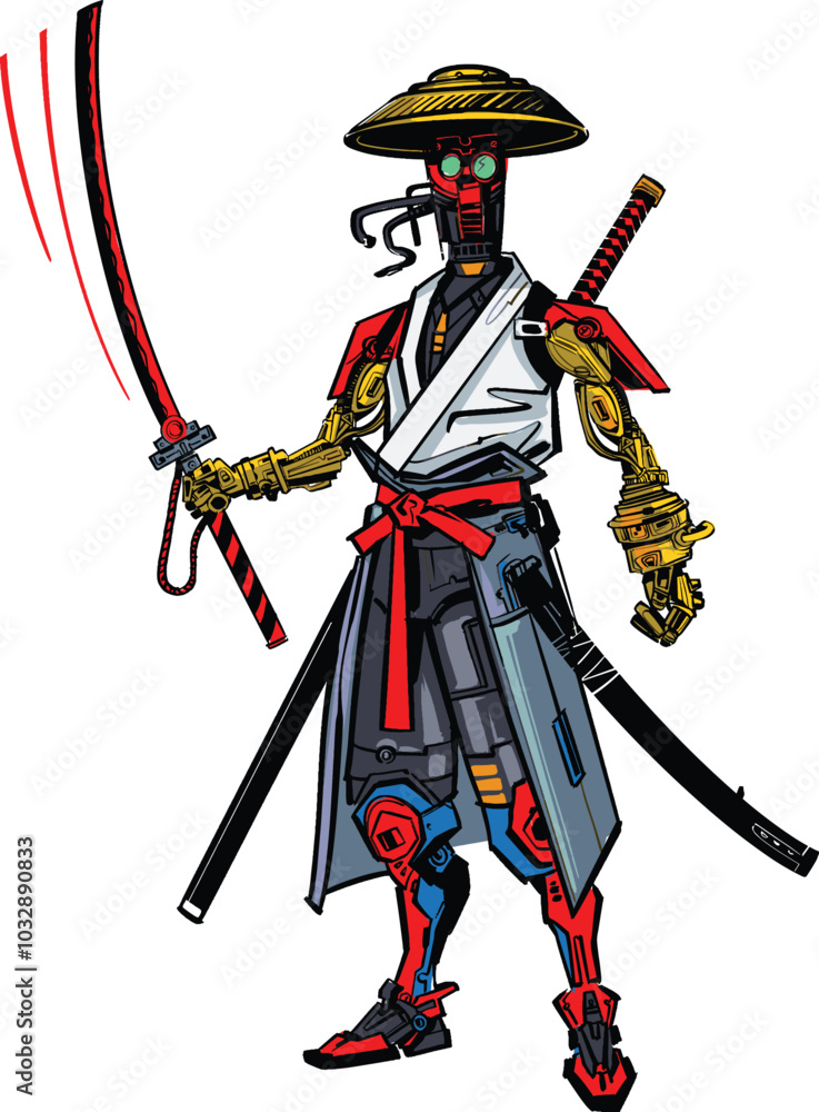 Obraz premium vector illustration of the cyber samurai with katana sword