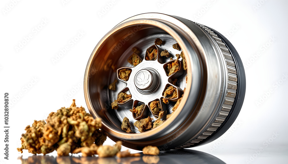 close up of marijuana or tobacco and herb grinder isolated with white highlights, png close up of marijuana or tobacco and herb grinder isolated with white highlights, png