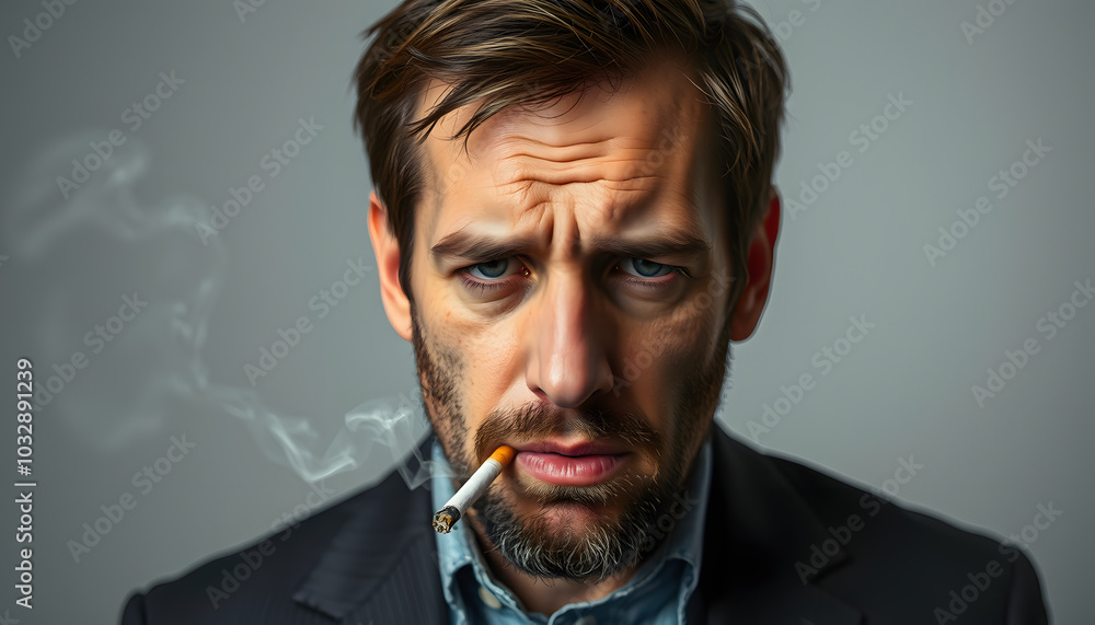 Pensive man with cigarette feeling depressed, unemployment and bankruptcy isolated with white highlights, png Pensive man with cigarette feeling depressed, unemployment and bankruptcy isolated with white highlights, png