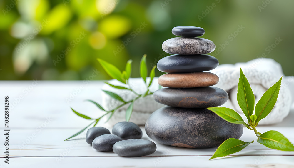 spa and wellness center - stack of massage stones and towels with green plant on white wooden table. banner copy space isolated with white highlights, png spa and wellness center - stack of massage stones and towels with green plant on white wooden table. banner copy space isolated with white highlights, png