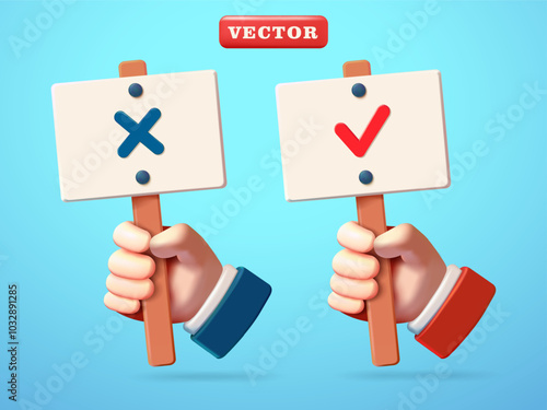 Hand holding yes and no board, 3d vector. Suitable for design elements