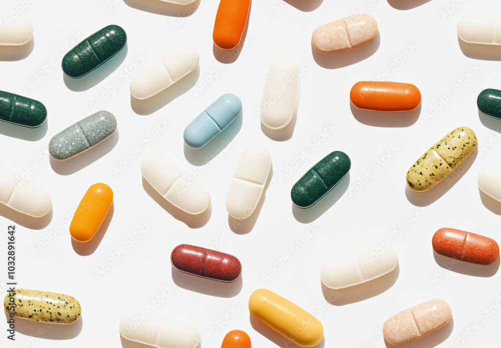 Multicolored capsules on white background. Seamless pattern of biological supplements, vitamins and medicines for health, beauty of skin and hair,biohack. Close-up for backgrounds, print and backdrops Multicolored capsules on white background. Seamless pattern of biological supplements, vitamins and medicines for health, beauty of skin and hair,biohack. Close-up for backgrounds, print and backdrops