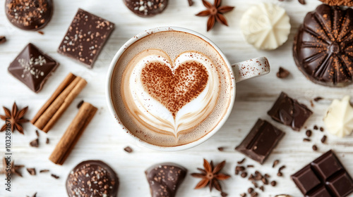 Cup of hot tasty coffee with coffe beabs, cinnamon and chocolate in the background, top down view. Heart shaped decor on the coffee. Horizontal frame	 photo