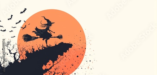  a cartoon witch flying on a broomstick against a full moon, set in a vibrant Halloween background photo