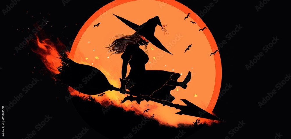 Fototapeta premium a cartoon witch flying on a broomstick against a full moon, featuring a Halloween concept with an orange sky and a yellow glowing light effect