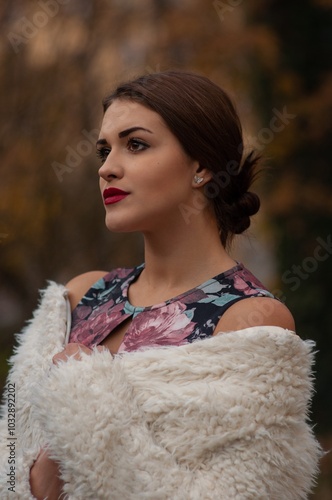 Close up trendy portrait of elegant young woman with big eyes and red lips