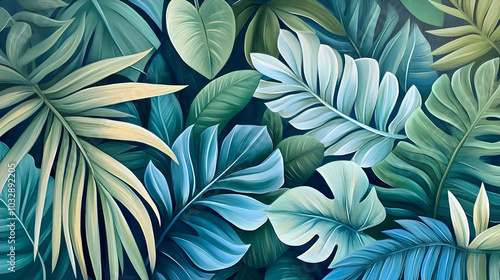 Wallpaper Mural A lush arrangement of tropical leaves intertwined in a soothing palette of greens and blues creating a peaceful natural scene Torontodigital.ca