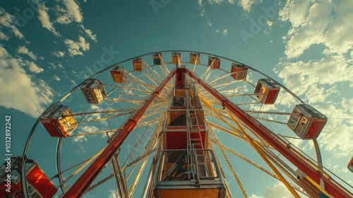 a ground-level image of a ferris wheel that captures the excitement of its spinning cabins against the sky and its massive construction photo