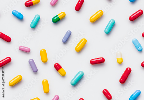 Multicolored capsules on white background. Seamless pattern of biological supplements, vitamins and medicines for health, beauty of skin and hair,biohack. Close-up for backgrounds, print and backdrops