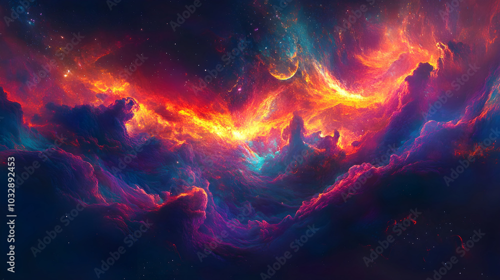 A mystical celestial storm unfolding with vibrant clouds of gas and dust forming intricate shapes in the heart of a galaxy A mystical celestial storm unfolding with vibrant clouds of gas and dust forming intricate shapes in the heart of a galaxy
