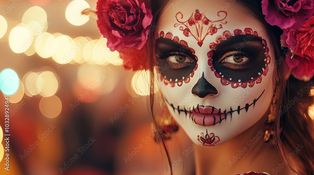 Day of the Dead face makeup with pink flowers and bokeh lights Day of the Dead face makeup with pink flowers and bokeh lights