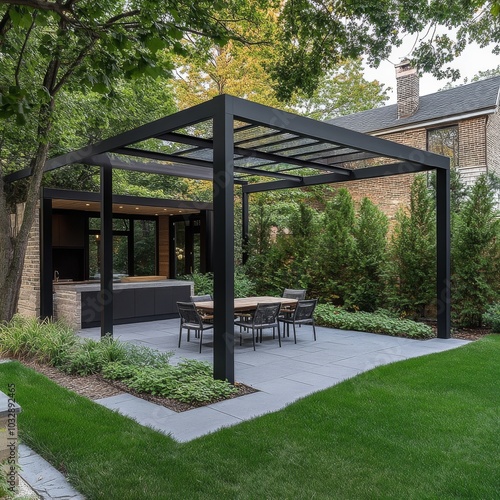  A backyard scene featuring minimal landscaping, focused on a sleek black metal patio cover with contemporary lines