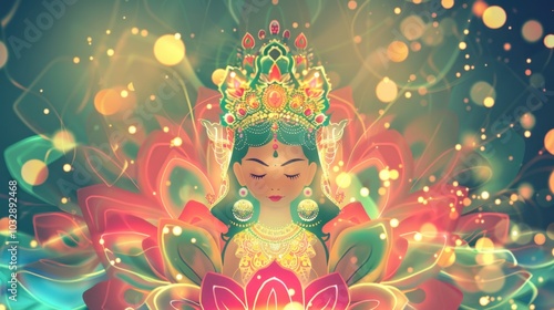 Goddess Gayatri and sacred mantras in stock illustration concept photo