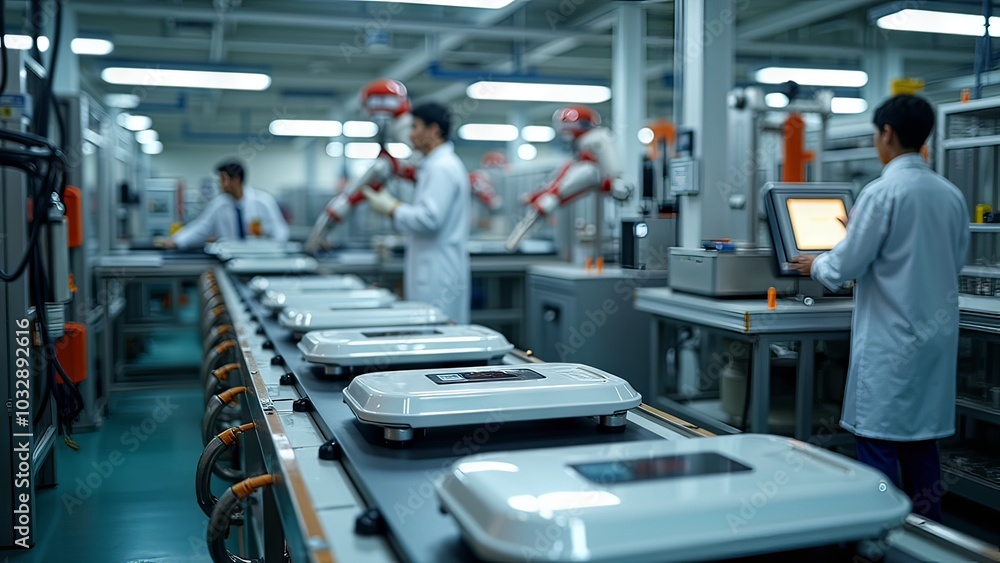 Fototapeta premium Generative, AI, Industrial robots operating on a factory assembly line with workers monitoring production process.