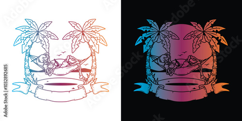Original vector illustration. Skeleton on the beach in a hammock with the sea in the background.