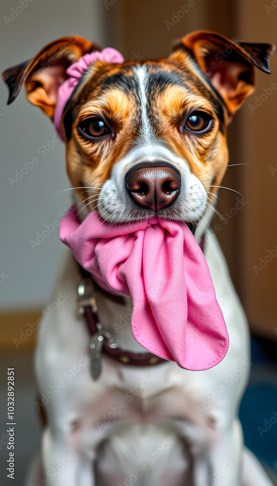Dog with hair band, scrunchie or underwear in mouth and between teeth. 1 year old harrier mix dog Eating or chewing pink clothing article. Dog bad habit of eating non-food or pica. Selective focus i