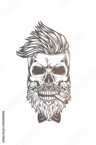 Hipster skull with beard and mustache with cigar in mouth.. Original vector illustration in vintage style. T-shirt design.