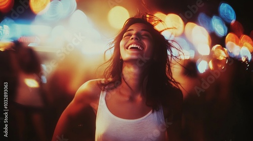 At a music festival, a young woman danced with her companions. At night, she embraced summer with great enthusiasm. 35mm film was used to take the picture.