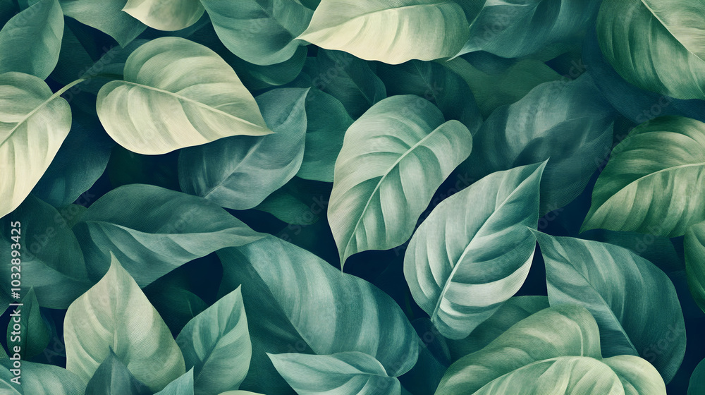An intricate pattern of large overlapping leaves in various shades of green forming a beautiful botanical design An intricate pattern of large overlapping leaves in various shades of green forming a beautiful botanical design