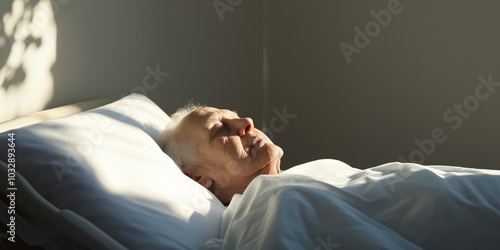 A serene hospice room, showing a close-up of a patient's peaceful face with a faint smile, surrounded by soft pillows