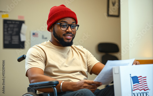 Young african american voter in wheelchair casting ballot at voting booth