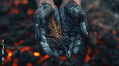 Phoenix feather held by burned hands 169 view