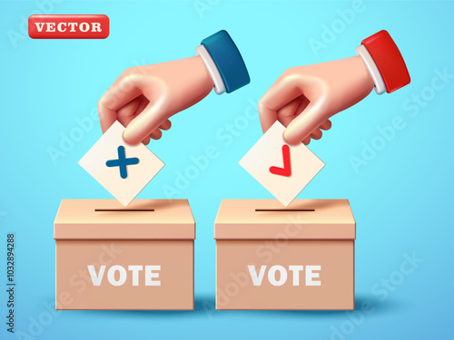 Hand inserting letters in ballot box, 3d vector. Suitable for events and election day