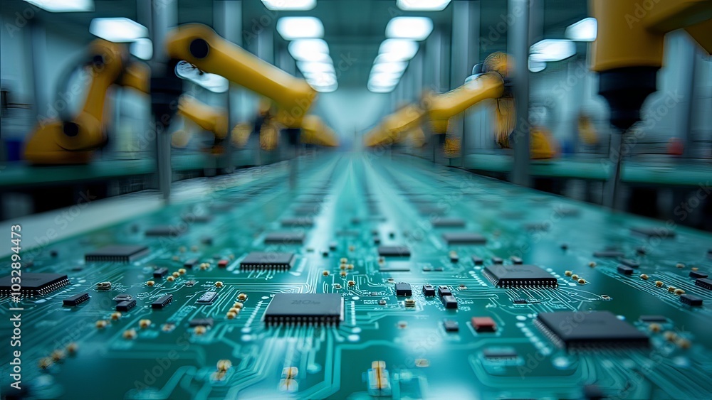 Generative, AI, close-up view of a circuit board in a manufacturing setting with robotic arm.
Generative, AI, close-up view of a circuit board in a manufacturing setting with robotic arm.