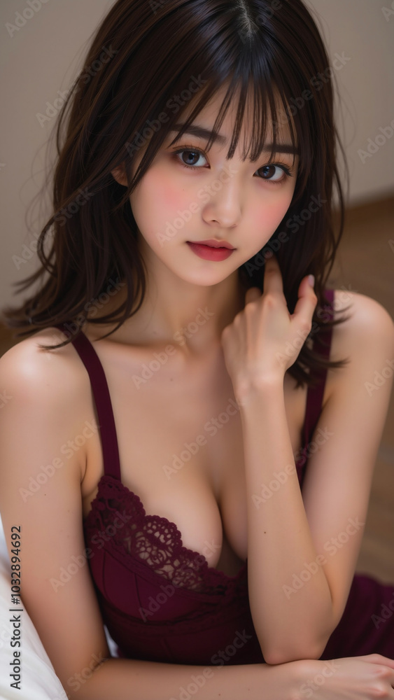 「濃いワインレッドのレースランジェリーを着た女性が、軽く肩に手を添えながら優しくこちらを見つめている。控えめに肩を傾けたポーズで、フェミニンでありながら繊細な美しさが引き立ち、ナチュラルな光の中で女性の柔らかい表情が際立っている。シンプルながらエレガントなデザインが、肌のトーンと絶妙に調和し、上品さとセクシーさを兼ね備えた魅力的なスタイル。」 「濃いワインレッドのレースランジェリーを着た女性が、軽く肩に手を添えながら優しくこちらを見つめている。控えめに肩を傾けたポーズで、フェミニンでありながら繊細な美しさが引き立ち、ナチュラルな光の中で女性の柔らかい表情が際立っている。シンプルながらエレガントなデザインが、肌のトーンと絶妙に調和し、上品さとセクシーさを兼ね備えた魅力的なスタイル。」