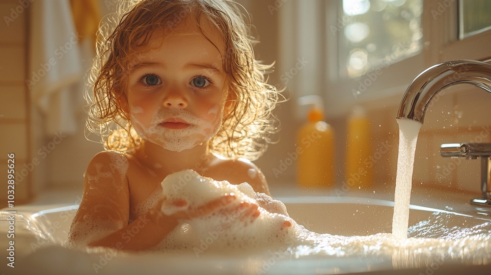 A young child bathes in a tub with bubbles, enjoying bath time. A young child bathes in a tub with bubbles, enjoying bath time.