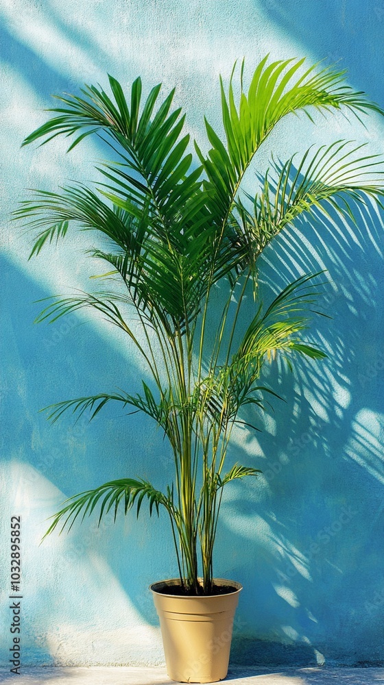 Vibrant green palm fronds reach skyward from a golden pot, casting intricate shadows on a sun-drenched turquoise wall, creating a tropical oasis vibe. Vibrant green palm fronds reach skyward from a golden pot, casting intricate shadows on a sun-drenched turquoise wall, creating a tropical oasis vibe.