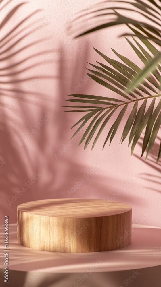 Tropical elegance meets minimalist design: wooden podium on pink background with palm leaf shadows creating a serene, luxurious product display setting. Tropical elegance meets minimalist design: wooden podium on pink background with palm leaf shadows creating a serene, luxurious product display setting.